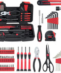 58 Piece Home DIY Tool Set With Durable Plastic Toolbox Case Grab And Go Starter Kit For Home Garage Office And Dorm, All Purpose Hand Tools For Quick Fixes And Projects In Red.