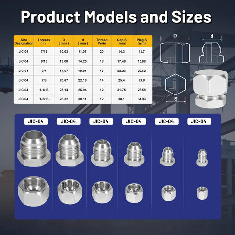 All In One Pro Grade Heavy Duty 72 Piece Hydraulic JIC Plug And Cap Kit With 37 Degree Flare Fittings Carbon Steel Hose Caps And Plugs For Industrial Use Covering Sizes From 4 To 16, showing product size chart and models.