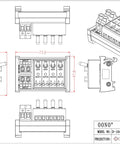 Technical drawing of a four channel toggle switch power distribution module for DIN rail mount with LED on off indicators.
