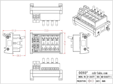 Technical drawing of a four channel toggle switch power distribution module for DIN rail mount with LED on off indicators.