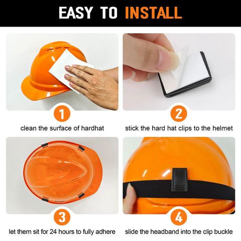 Step-by-step installation of 12 Pack Hard Hat Light Clips For Headlamps And Headlamp Holders on orange helmet.