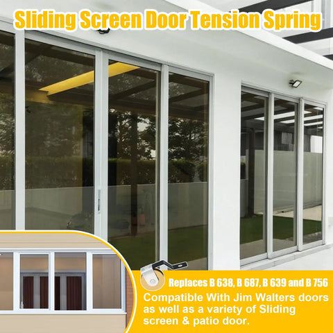 Sliding screen door tension spring showing installation on glass sliding doors, compatible with B638 B687 B639 B756.