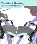 Close-up of purple girls 20 inch mountain bike with front suspension showing reliable braking system for ages 6 to 14.