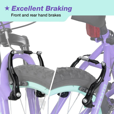 Close-up of purple girls 20 inch mountain bike with front suspension showing reliable braking system for ages 6 to 14.