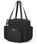 Black Nurse Tote Bag With Padded Bottom And 15.6 Inch Laptop Sleeve, zip top, large compartment and multiple pockets for medical supplies.