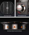 Close-up of anti-rust grate, electroplated knob, and stainless steel enamel of 58,000 BTU Portable Propane Fire Pit With Grill Grate Folding Legs Tank Holder Hose Hooks Cover And Carry Strap 19 Inch Cast Iron Grate Camping Ready Backyard Blaze Pit For Patio Or Campouts.