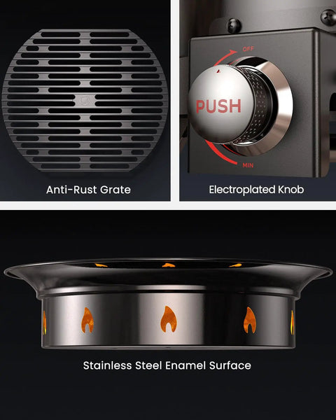 Close-up of anti-rust grate, electroplated knob, and stainless steel enamel of 58,000 BTU Portable Propane Fire Pit With Grill Grate Folding Legs Tank Holder Hose Hooks Cover And Carry Strap 19 Inch Cast Iron Grate Camping Ready Backyard Blaze Pit For Patio Or Campouts.