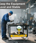 No Sweat Heavy Duty Leveling Casters With Ratchet Handle Height Adjustable Plate Wheels Set Of Four 3300 Pound industrial caster wheels under a workbench.