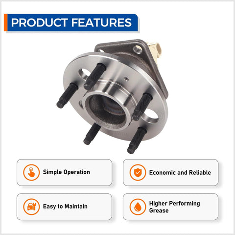 Image shows Rear Wheel Hub Bearing Assembly 512357 Fits Buick Allure Century Impala, highlighting product features of durability and easy installation.