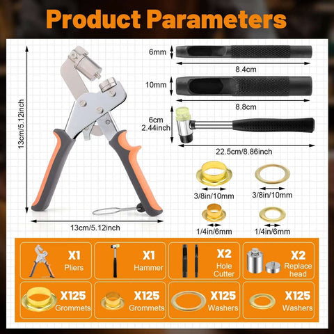 Pro Grade Heavy Duty Grommet Kit With One Quarter Inch And Three Eighths Inch Grommets 500 Gold Eyelets And Grommets Eyelet Pliers Set