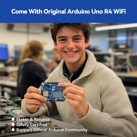 Smiling student holding Arduino Uno R4 WiFi from All In One Arduino Starter Kit With Uno R4 WiFi Bluetooth IoT ESP32 LCD1602 OLED 300 Plus Components 60 Plus Free Video Lessons 50 Projects RoHS Compliant Online Tutorials And Video Courses For Beginners And Engineers in a classroom.