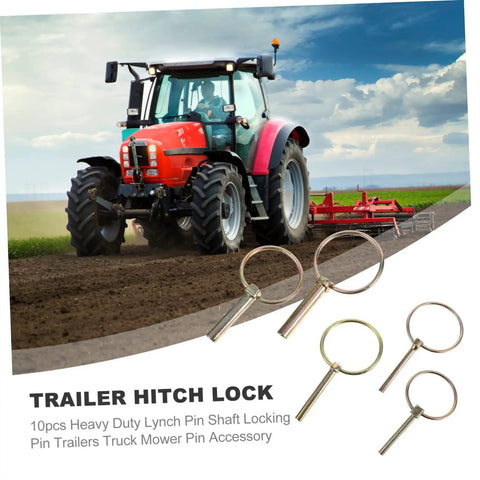 Ten Pack Safety Pin Locks For Lawn Mower Trailers And Farm Equipment Heavy Duty Lynch Pin Retainer Kit shown with red tractor