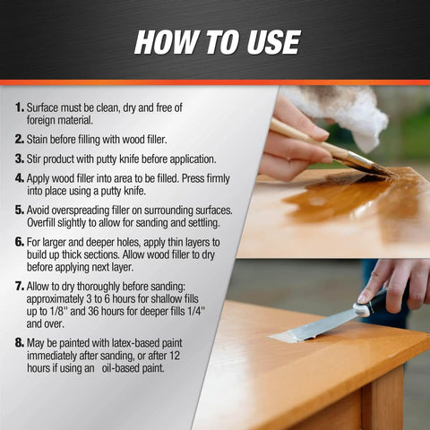 Instructions for using Plastic Wood All Purpose Latex Filler Natural 32 Oz Looks Like Real Wood For Interior And Exterior Use