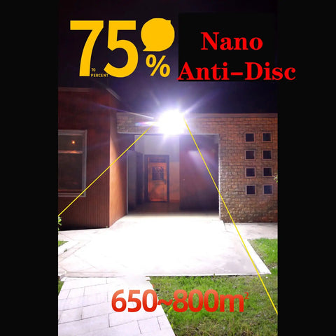 JUDYSSY Solar Flood Light 500W800W1000W illuminating a driveway, highlighting a range of 650-800m, showing bright outdoor lighting.