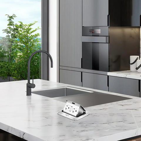 Pop Up Floor Box Kit With Waterproof GFCI Outlet Cover and Hidden 20A Tamper Resistant Receptacle on kitchen countertop