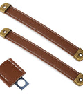 Leather Drawer Pulls Set Of 2 with mounting screws, brown PU leather trunk handles for drawers, suitcases, and luggage.