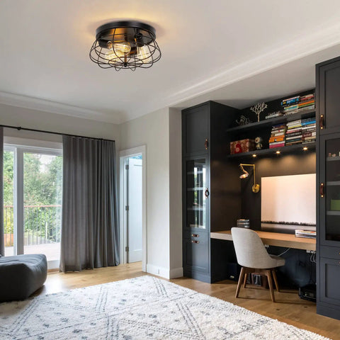 Dope Farmhouse Flush Mount Ceiling Light With Industrial Metal Cage Shade installed in modern living room, black finish, E26 base