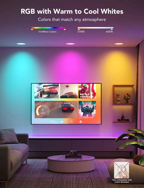 Top Shelf Smart Recessed Lighting 6 Inch Led Downlight Serving Hella Bright 1100 Lumen Glow Smooth Wifi Bluetooth Direct Control For Home Ceilings 4 Pack Easy Plug And Play in a modern living room with RGB effects.