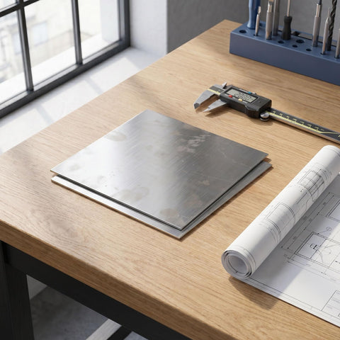 Heavy Duty Stainless Steel Square Sheet Metal Plate 200X200X2Mm on a wooden workbench with tools and blueprints.