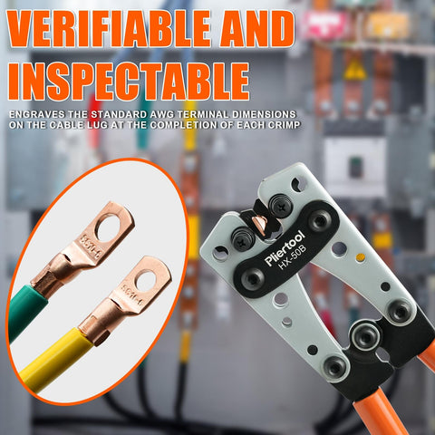 Close-up of Beefed Up Battery Cable Crimping Tool Kit For Heavy Duty Automotive Wiring with copper lugs.