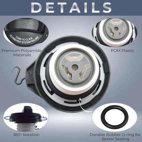 Volvo Gas Cap Replacement 31392044 close-up, premium materials, POM plastic, rubber O-ring, for XC60 2010-2017, easy install
