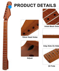 22-Fret Strat-Style Electric Guitar Neck With Canadian Roasted Maple Matte Finish 14-Inch Radius Fingerboard Bone Nut Polished Edges Ready For Replacement Or Upgrading Your Rig., maple neck detail with 22 frets, inlay dots, 10mm head holes