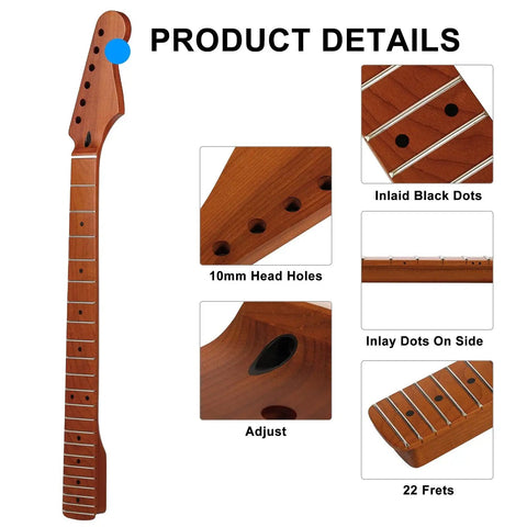 22-Fret Strat-Style Electric Guitar Neck With Canadian Roasted Maple Matte Finish 14-Inch Radius Fingerboard Bone Nut Polished Edges Ready For Replacement Or Upgrading Your Rig., maple neck detail with 22 frets, inlay dots, 10mm head holes
