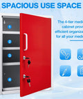 Locking Metal Medication Cabinet With Document Pocket And Dual Keys, Wall Mounted Red 21x16x6 Inch open with shelves visible