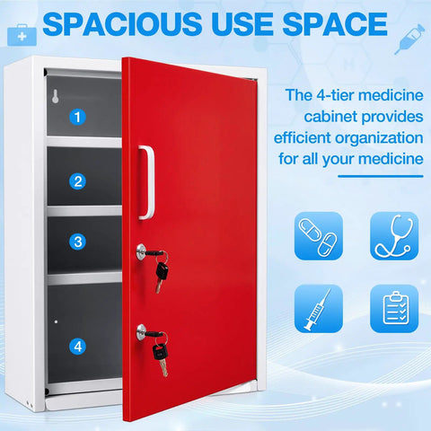 Locking Metal Medication Cabinet With Document Pocket And Dual Keys, Wall Mounted Red 21x16x6 Inch open with shelves visible