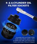 Premium Oil Filter Wrench Set Featuring 3 8 Inch Drive Low Profile Sockets For Dead Simple Car Repair And Slick Grease Monkey Approved Weekend Mech Projects - 4 & 6-cylinder oil filter sockets and ratchet, shown in detail.