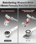 Close-up of ratcheting wrench with 19mm female ratchet drive from Serpentine Belt Tool Set for Vehicles With Spring Tensioner.