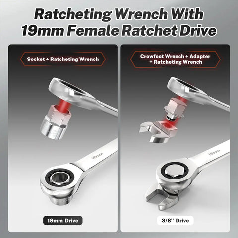 Close-up of ratcheting wrench with 19mm female ratchet drive from Serpentine Belt Tool Set for Vehicles With Spring Tensioner.