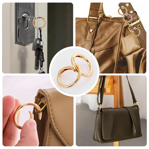 16 Pcs Mini O Ring Clip Spring Carabiner Set For Bags And Purses And Handbags, Round Gold And Silver O Rings And Clasps, Four Sizes For DIY Jewelry Making And Craft Projects, gold ring clip on bag and keychain