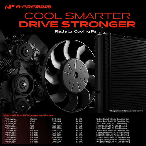 Engine Radiator Cooling Fan Assembly For Audi TT VW Jetta Beetle Golf 18 Liter, 290mm size, plastic body with 9 blades.