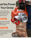 SuperHandy Portable Capstan Winch 2000 Lb Pull DC 48V Brushless Motor for off-road recovery, lightweight 27 lb design held by a user.