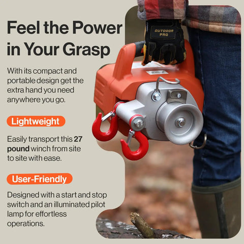SuperHandy Portable Capstan Winch 2000 Lb Pull DC 48V Brushless Motor for off-road recovery, lightweight 27 lb design held by a user.