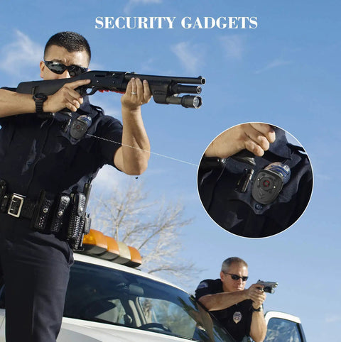 Police officer holding a shotgun with Dope Wearable Police Body Cam With Night Vision And 1080P HD Recording on uniform.