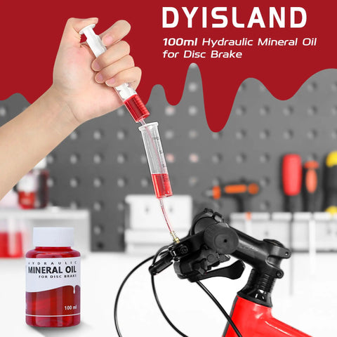 All Hydraulic Disc Brake Bleed Kit With Mineral Oil Gloves Syringes And Installation Tools For Quick Pro Grade Bleed Of Your Hydraulic Brakes On Any Caliper, showing red mineral oil being injected into a brake system.