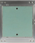 Zero Drama Six By Six Inch Waterproof Drywall Access Panel With Slick Push To Open Flush Mount, aluminum frame and green gypsum.