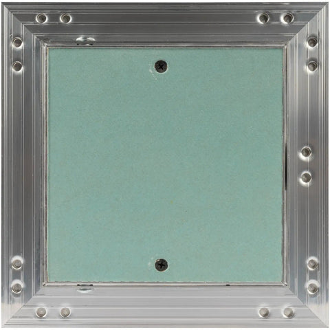 Zero Drama Six By Six Inch Waterproof Drywall Access Panel With Slick Push To Open Flush Mount, aluminum frame and green gypsum.