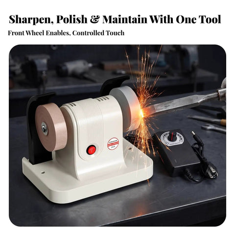 Solid Dual Wheel Bench Grinder And Compact Polishing Rig With Copper Motor Blade Sharpener Tool Honer in use sharpening a blade.