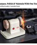 Compact Bench Grinder And Polishing Rig With Tough Copper Motor Desktop Buffing Machine For Quick Blade Care, showing sparks while sharpening.