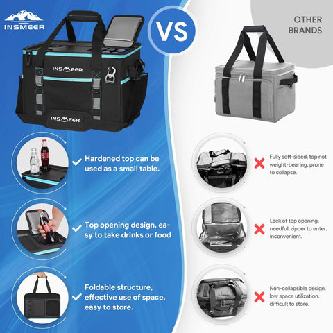 Comparison of two cooler bags showing Hard Shell Hybrid Soft Cooler Bag With Two Cup Holders Portable 40L Insulated Collapsible Cooler For Travel Beach Camping Picnic Leakproof Ice Chest Lunch Box Keeps Ice Longer Space Saving and a simpler grey cooler bag