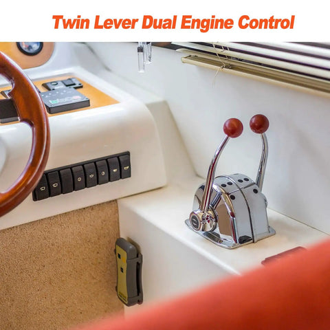 Universal Twin Lever Boat Throttle And Shift Control Top Mount with beefy zinc alloy dual handles installed on boat.