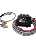Three Circuit Hydraulic Multiplier Kit With Selector Valve Couplers And Switch Box Control Built For Open Or Closed Or FPC Systems Up To 3000 PSI Anodized Body All Weather Tough Pro Grade Heavy Duty 12V DC Solenoids in image with wires and control box.