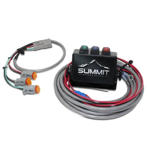 Three Circuit Hydraulic Multiplier Kit With Selector Valve Couplers And Switch Box Control Built For Open Or Closed Or FPC Systems Up To 3000 PSI Anodized Body All Weather Tough Pro Grade Heavy Duty 12V DC Solenoids in image with wires and control box.