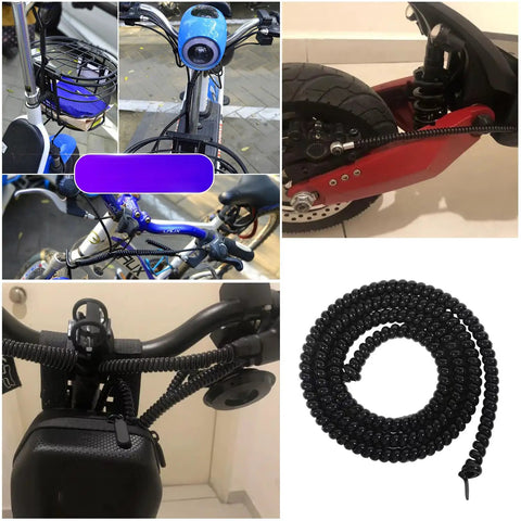 Collage of 2 Pack Bike Brake Cable Housing Protectors Non Scratch Rubber Frame Guards on bicycles and scooters, and coiled cover close-up
