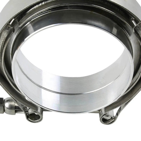 3.5 Inch ID Stainless Steel V Band Clamp Kit With Aluminum Flanges And 10 Mm Lock Bolt Bolt On Ready Universal Fit. Close-up view.