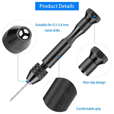 36 Piece Hand Drill Set With Pin Vise And 25 Micro Twist Drill Bits Plus 10 PCB Mini Bits For Jewelry Resin Polymer Clay Crafts DIY Projects A Handy Drill Kit For Precise Small Holes, close-up of pin vise and bit details