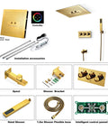 Top Shelf Ceiling Mounted Rain Shower System With 16 Inch Brushed Gold Heads Custom Led Colors And Smooth Touch Controls Hooked Up With Handheld Sprayer And Tub Spout For A Knockout Bath Upgrade installation accessories including shower head, spout, and control panel.
